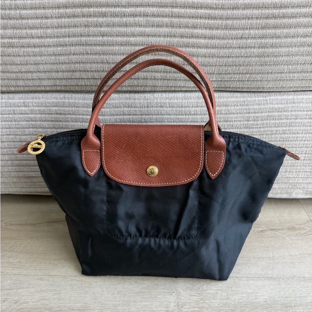 Longchamp Black Tote with Brown Leather Trim